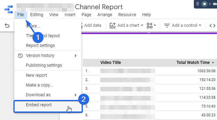 Navigate to File >> Embed report