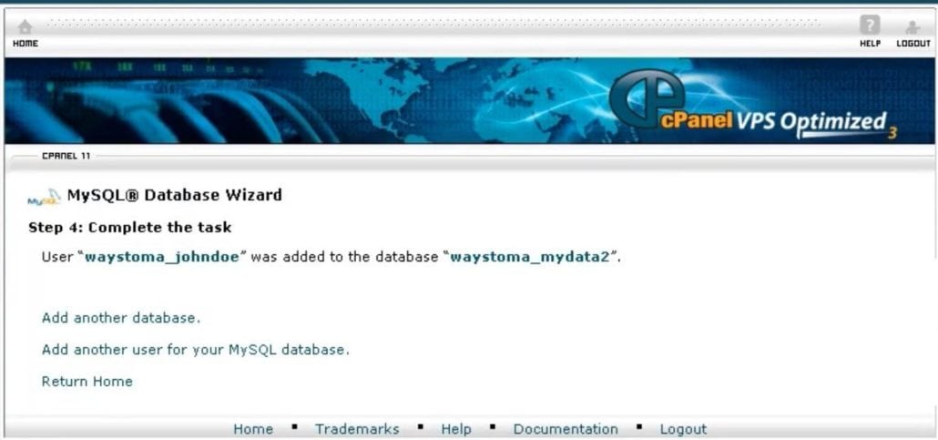 user has been added - Create new database and database user in cPanel