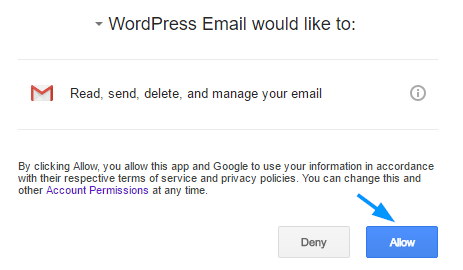 Permission to allow WordPress sending emails via gmail