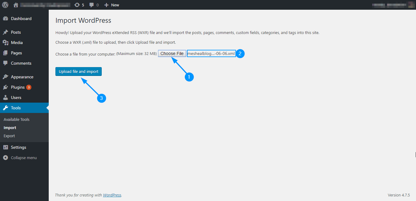 Select content file and import to WordPress.org