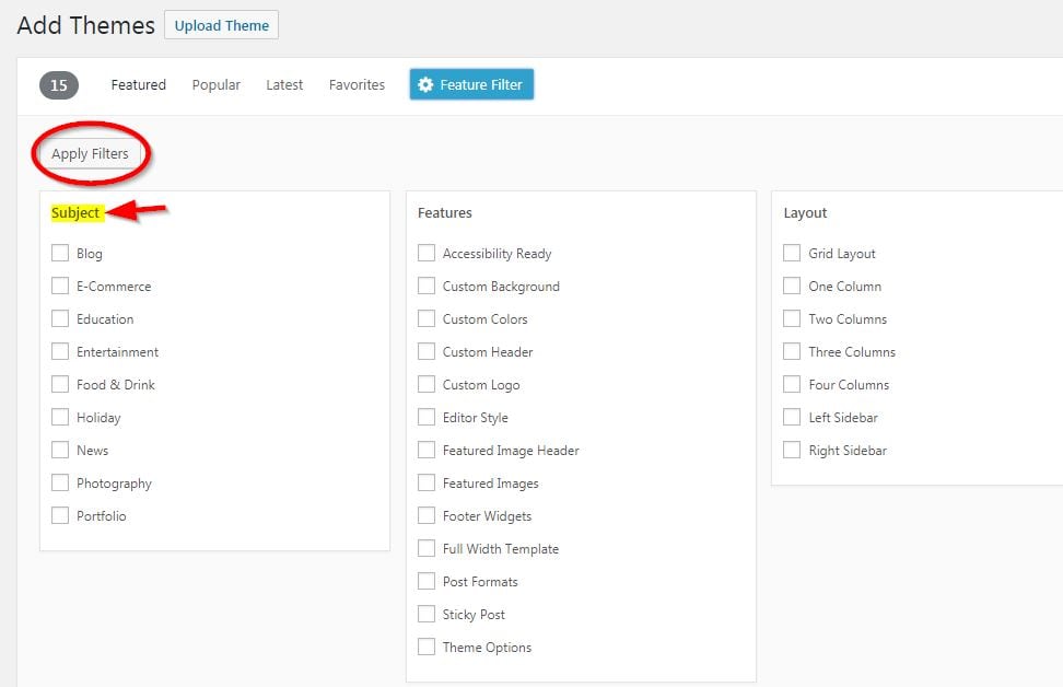 feature filter for WordPress themes