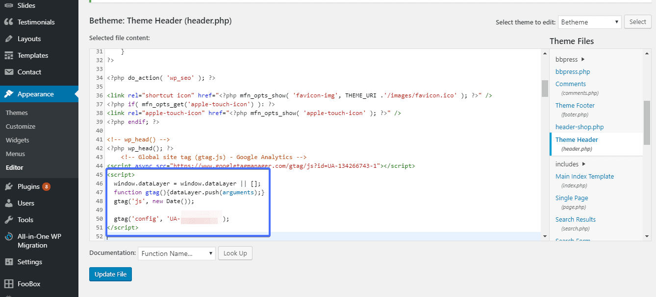 insert code to theme header