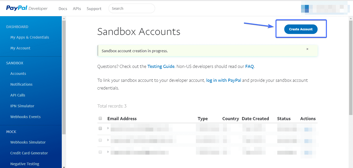 create sandbox account on paypal