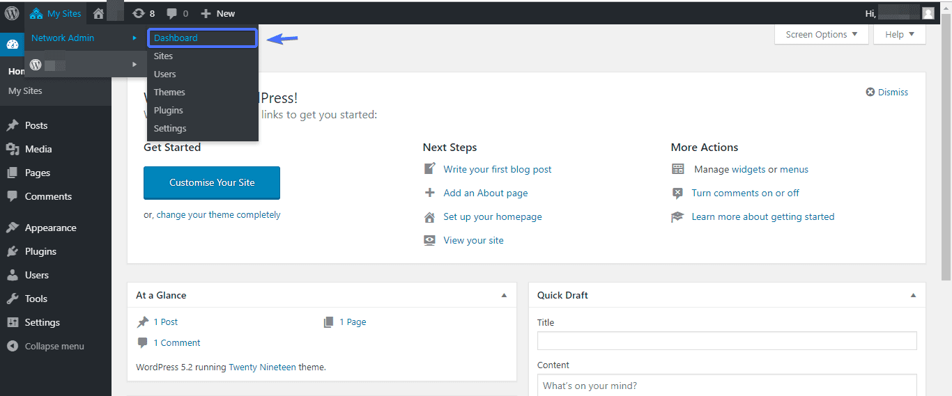 open network admin dashboard for your sites
