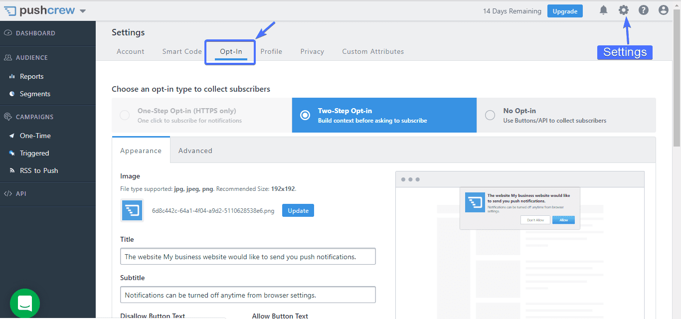 Customize the push notification popup box