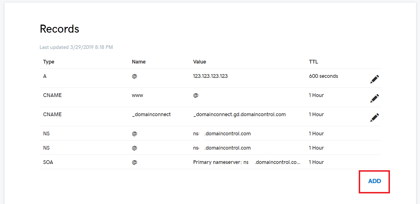 The DNS settings GoDaddy