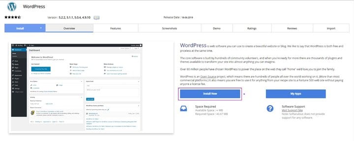 Automatic WordPress installation screen
