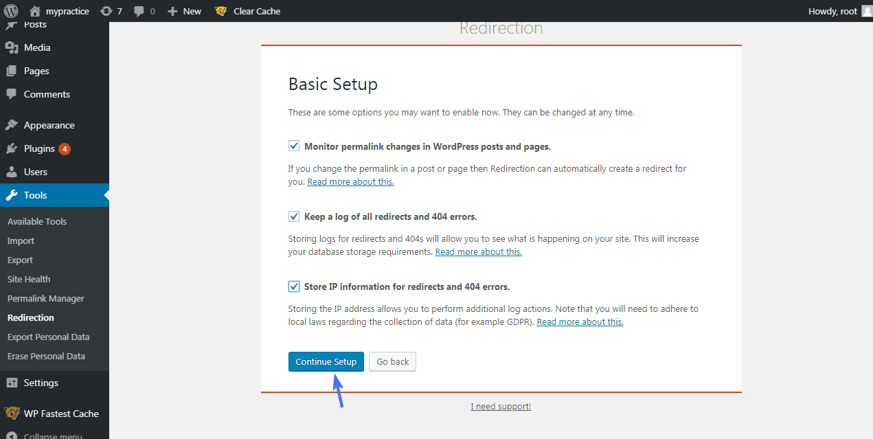 Check options and click on Continue setup button