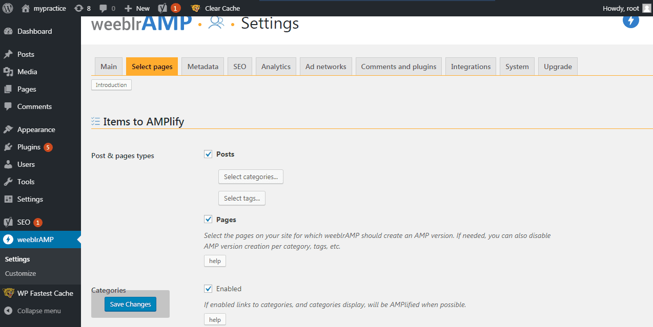 weeblrAMP Select pages Settings