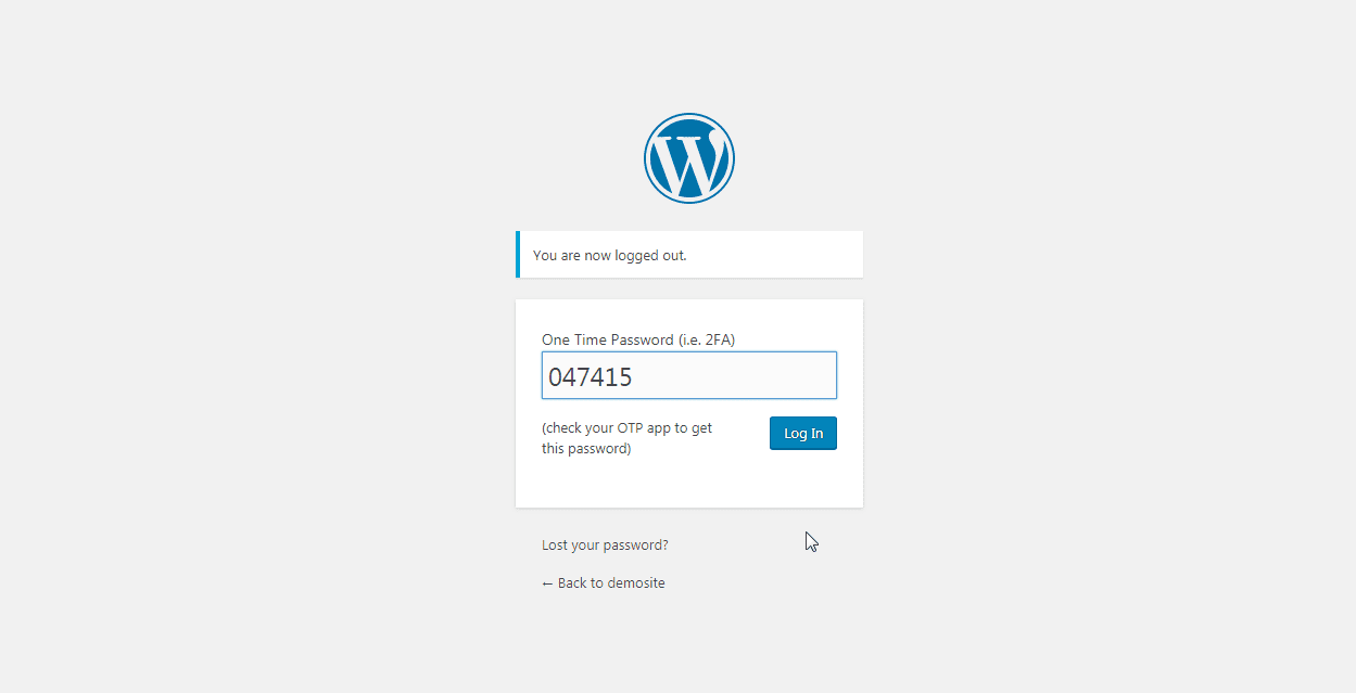 wordpress login page with one time password - 2FA