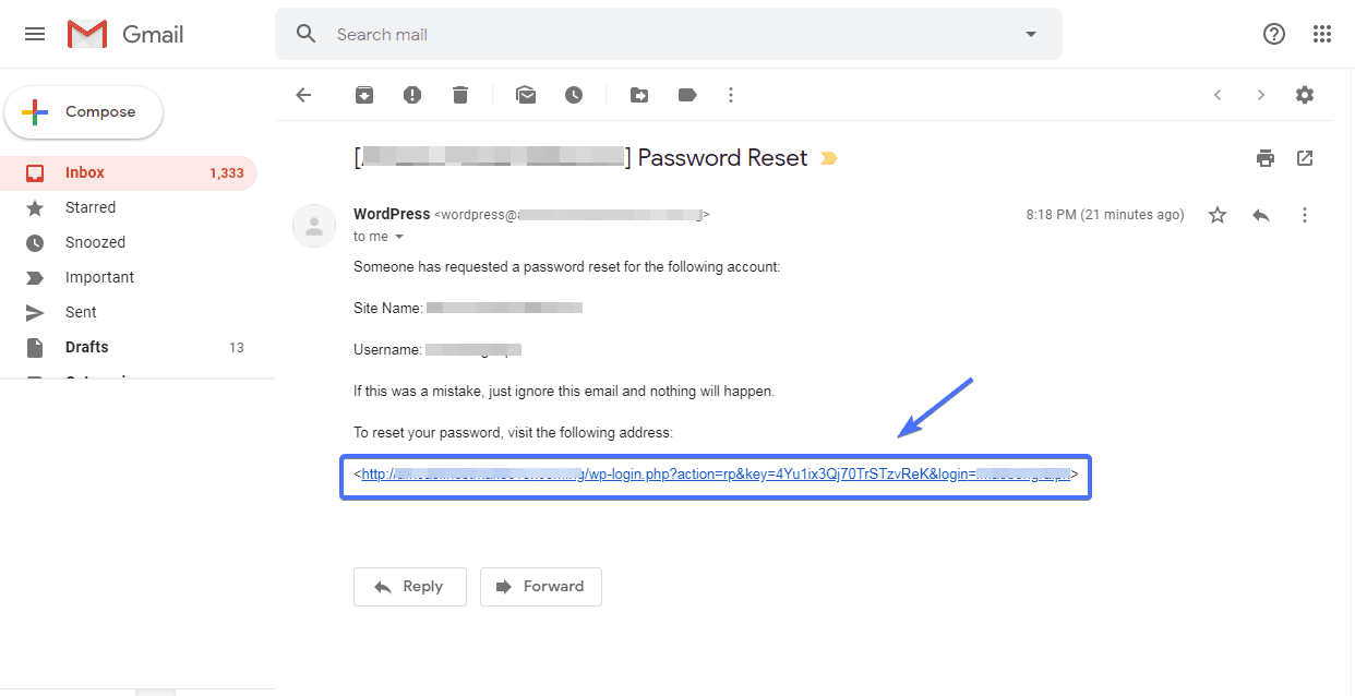password reset link in email
