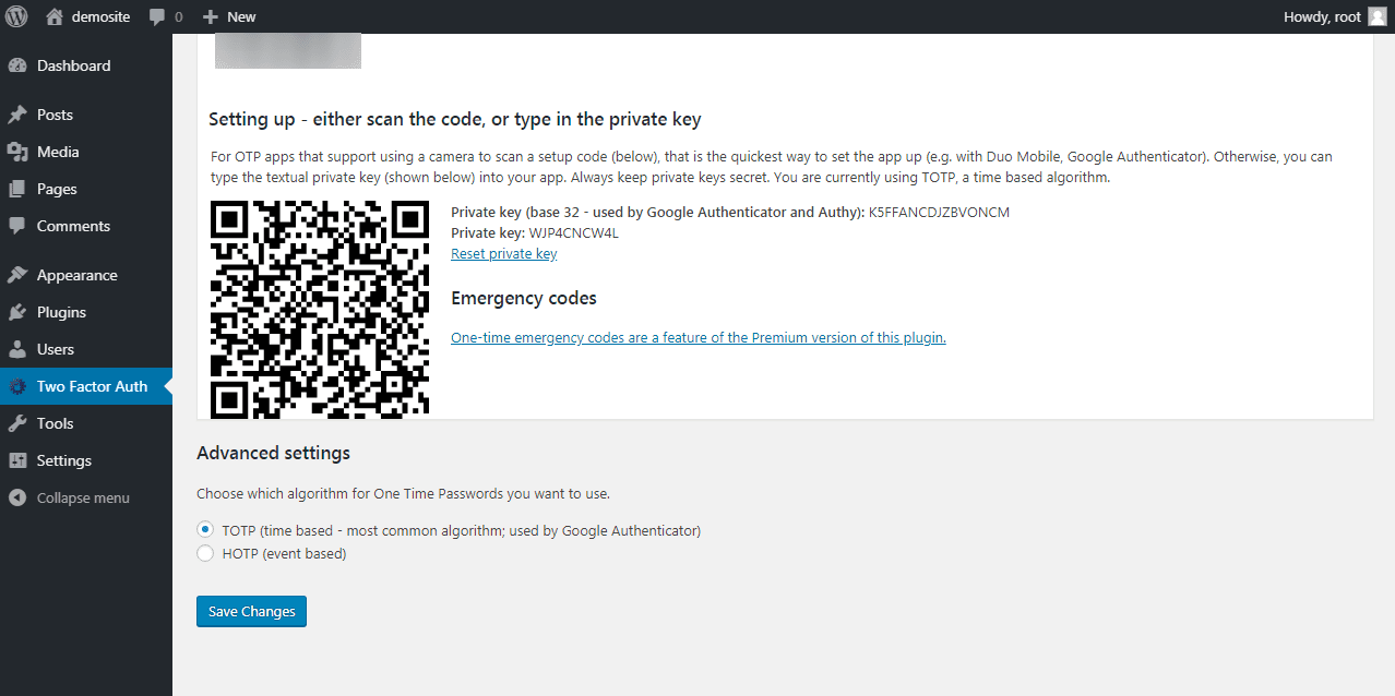 QR code for two factor authentication plugin