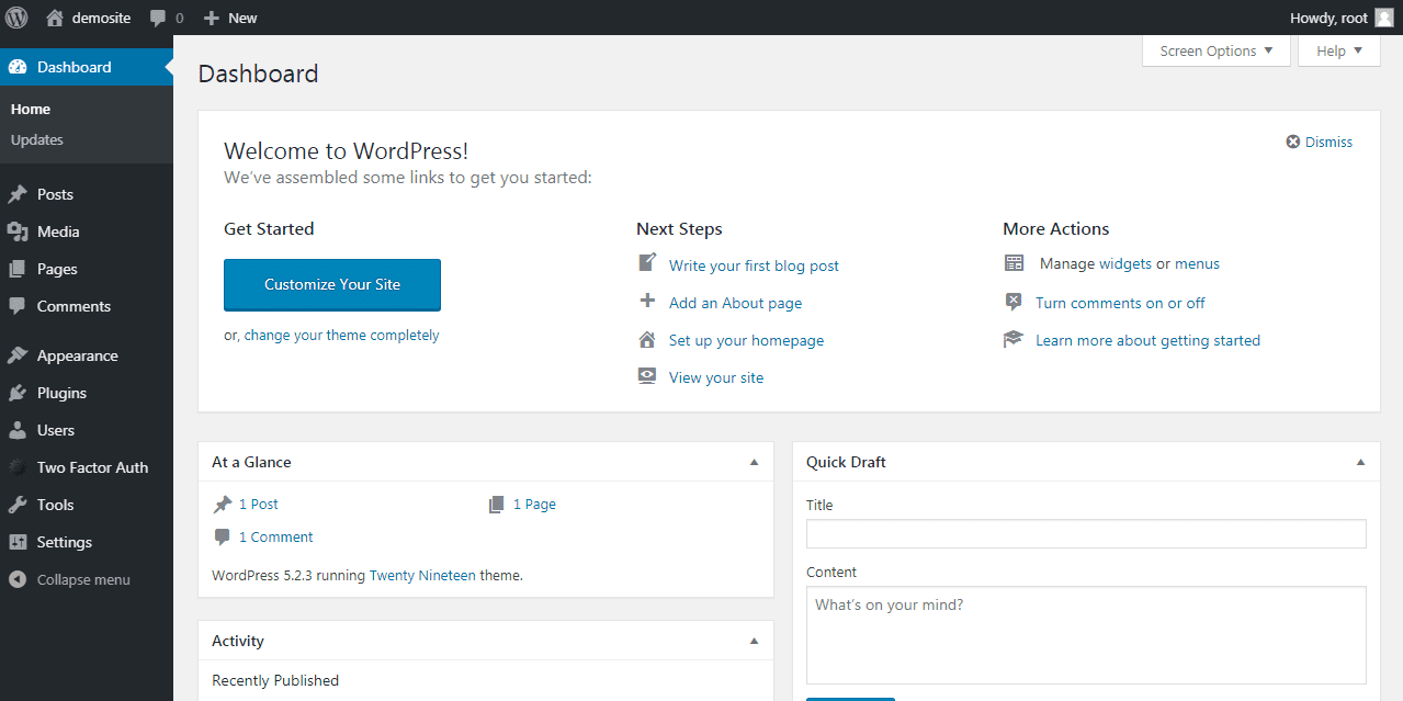 wordpress dashboard after 2FA verification
