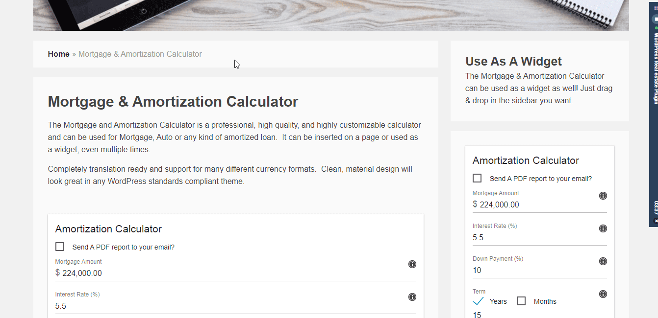 WordPress real estate plugins-amortization calculator