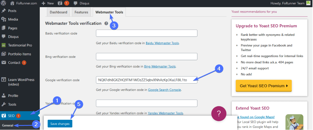 Webmaster tools verification using Yoast SEO