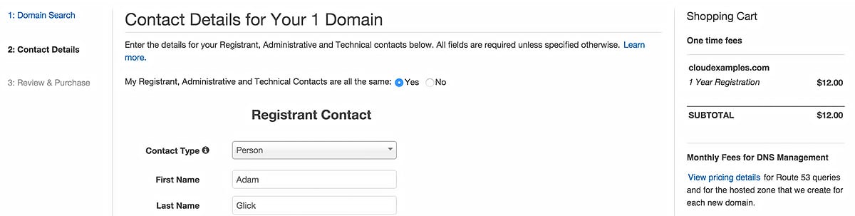 Contact details page for domain registration on AWS