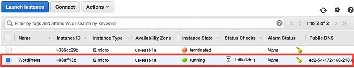 Instance state page listing running instances