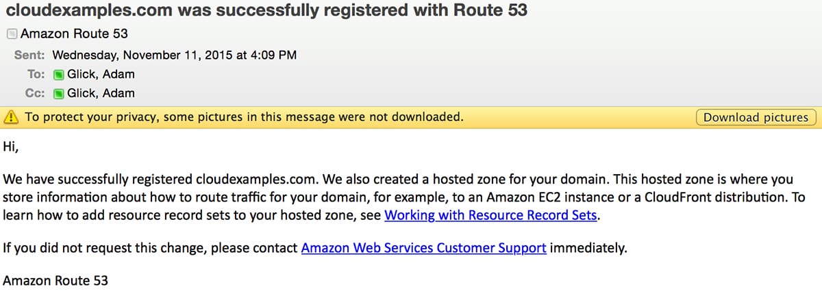 domain was successfully registered with route 53 page