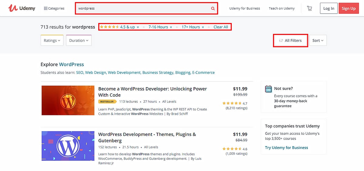 Example search on udemy.com for WordPress courses