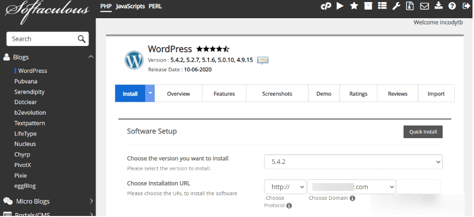 Choose installation URL - installing WordPress using one click installers