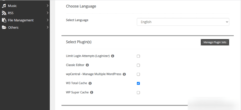 Select language and plugins