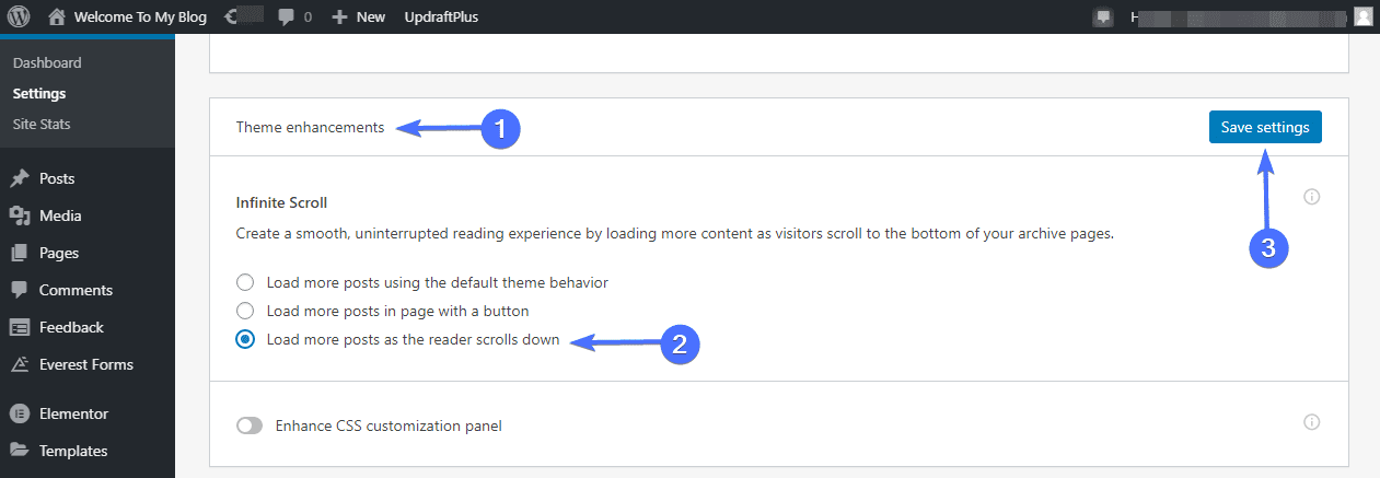 'Load more posts as the reader scrolls down’ setting