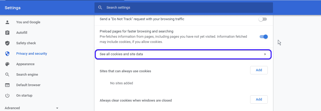 Click 'see all cookies and site data tab' - WordPress cookies