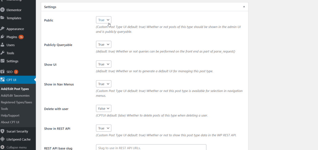 'settings' - WordPress custom post types