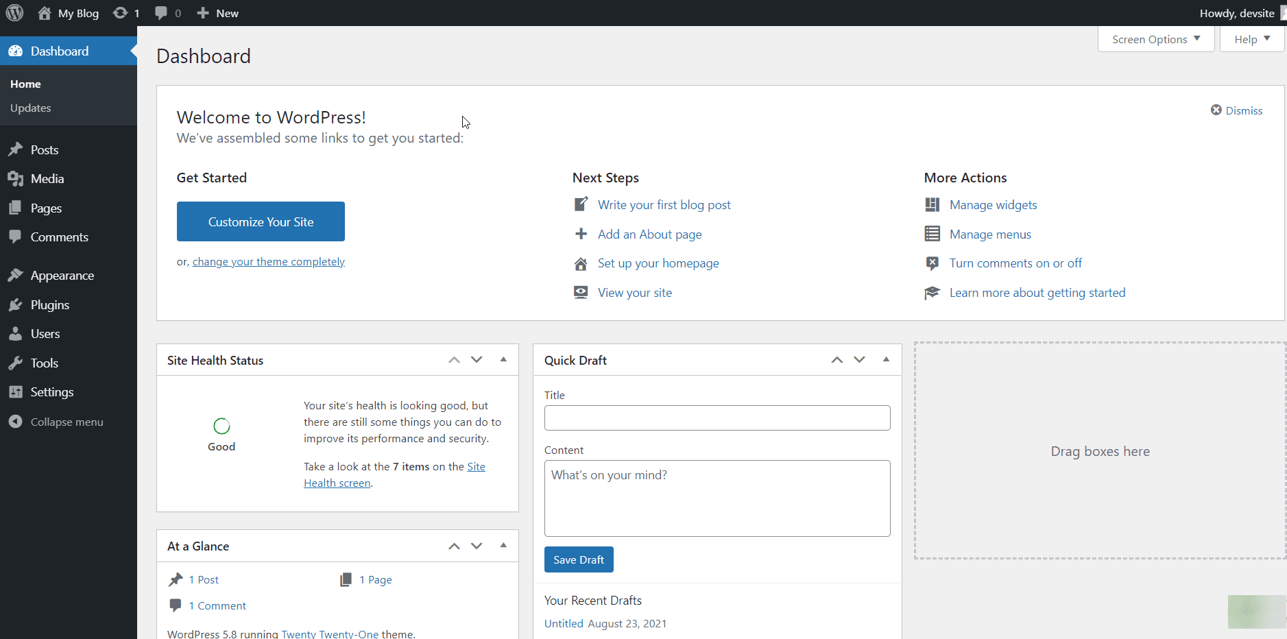 WordPress dashboard after installation