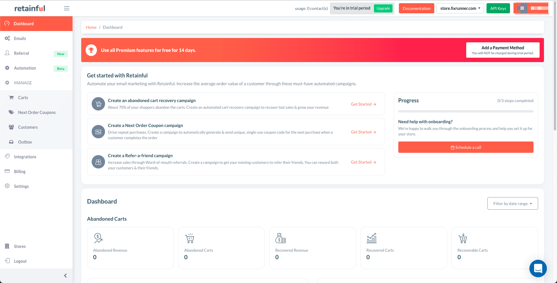 Retainful dashboard - Recover abandoned cart in WooCommerce 