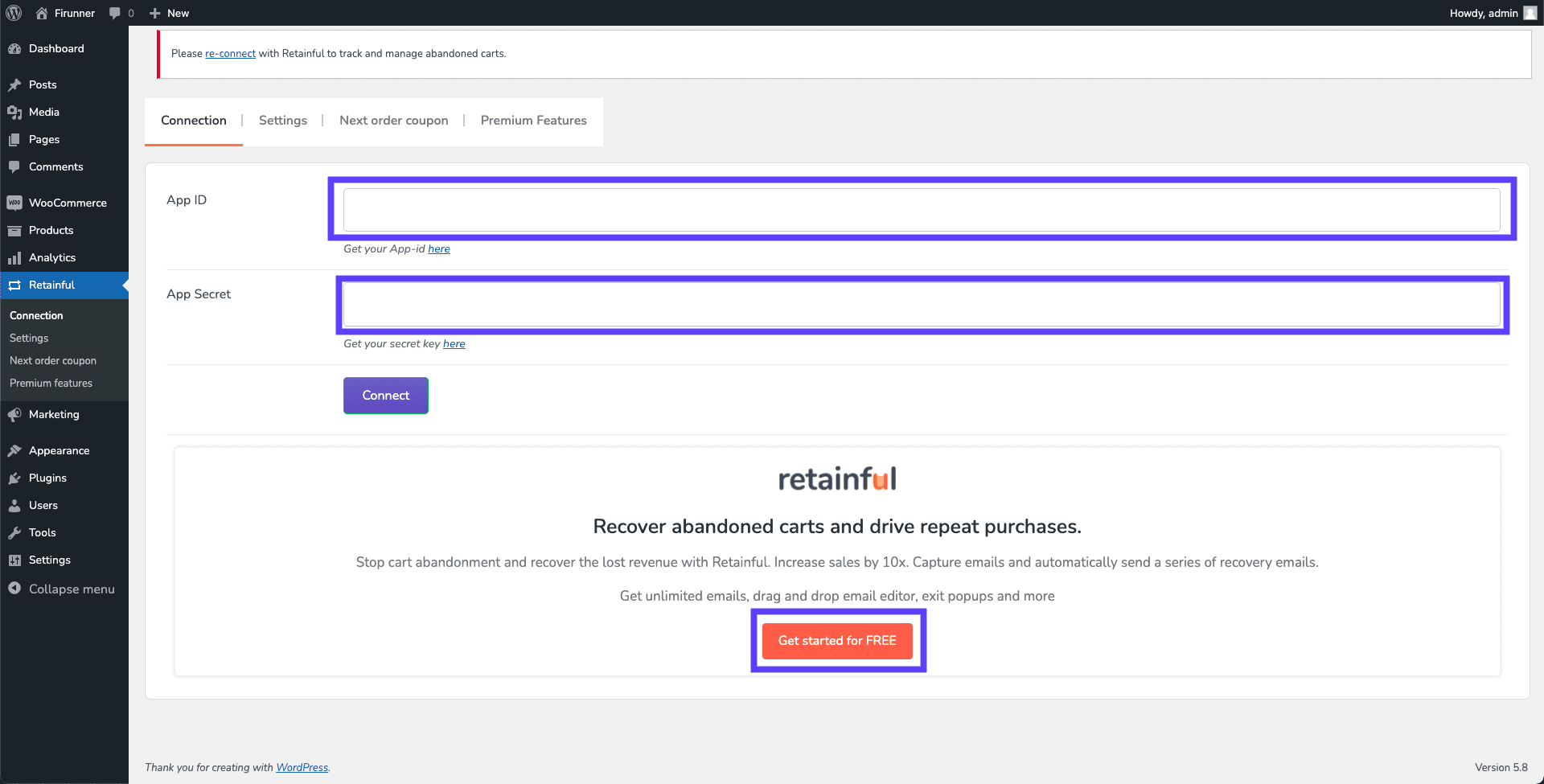 click get started for free - Recover abandoned cart in WooCommerce