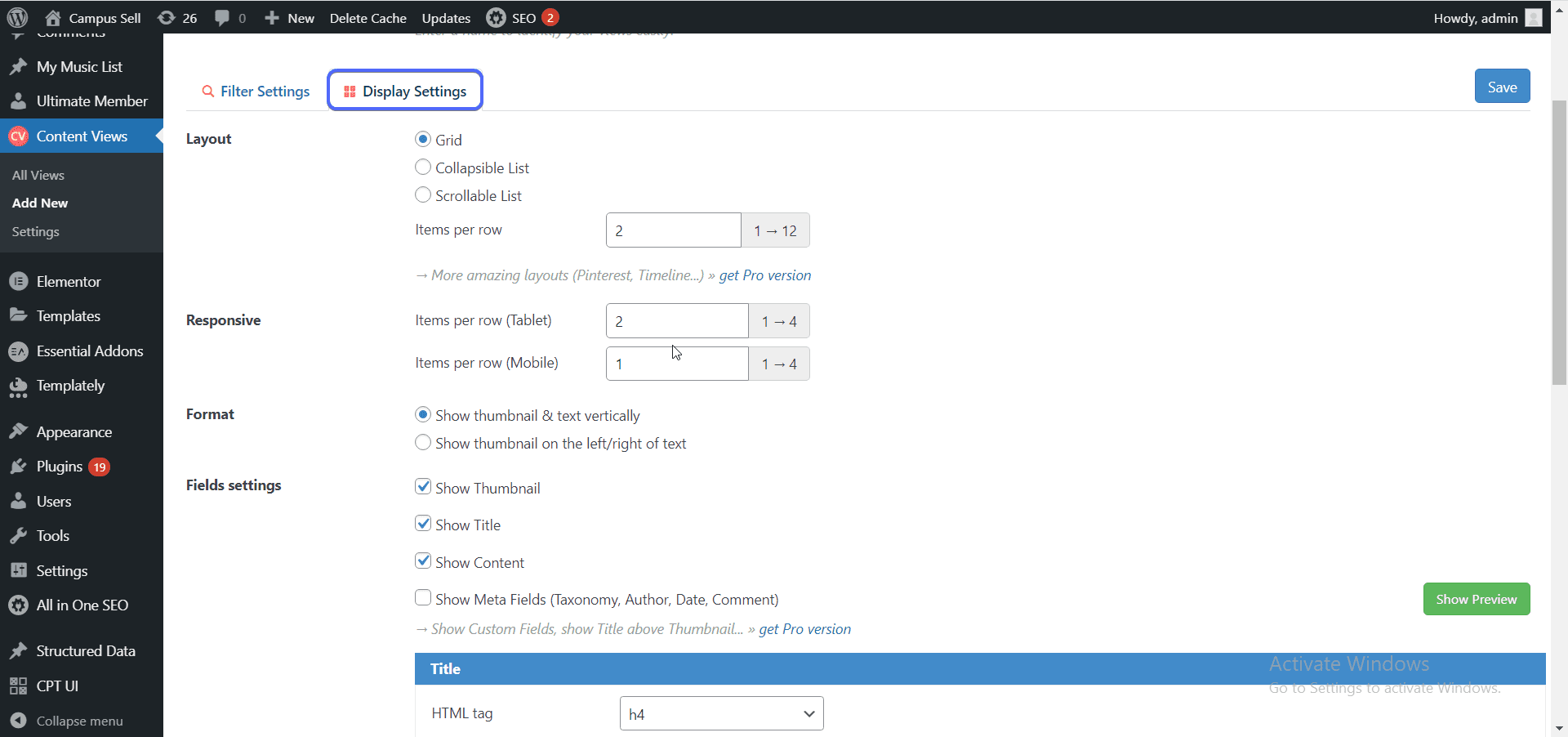 Display settings tab