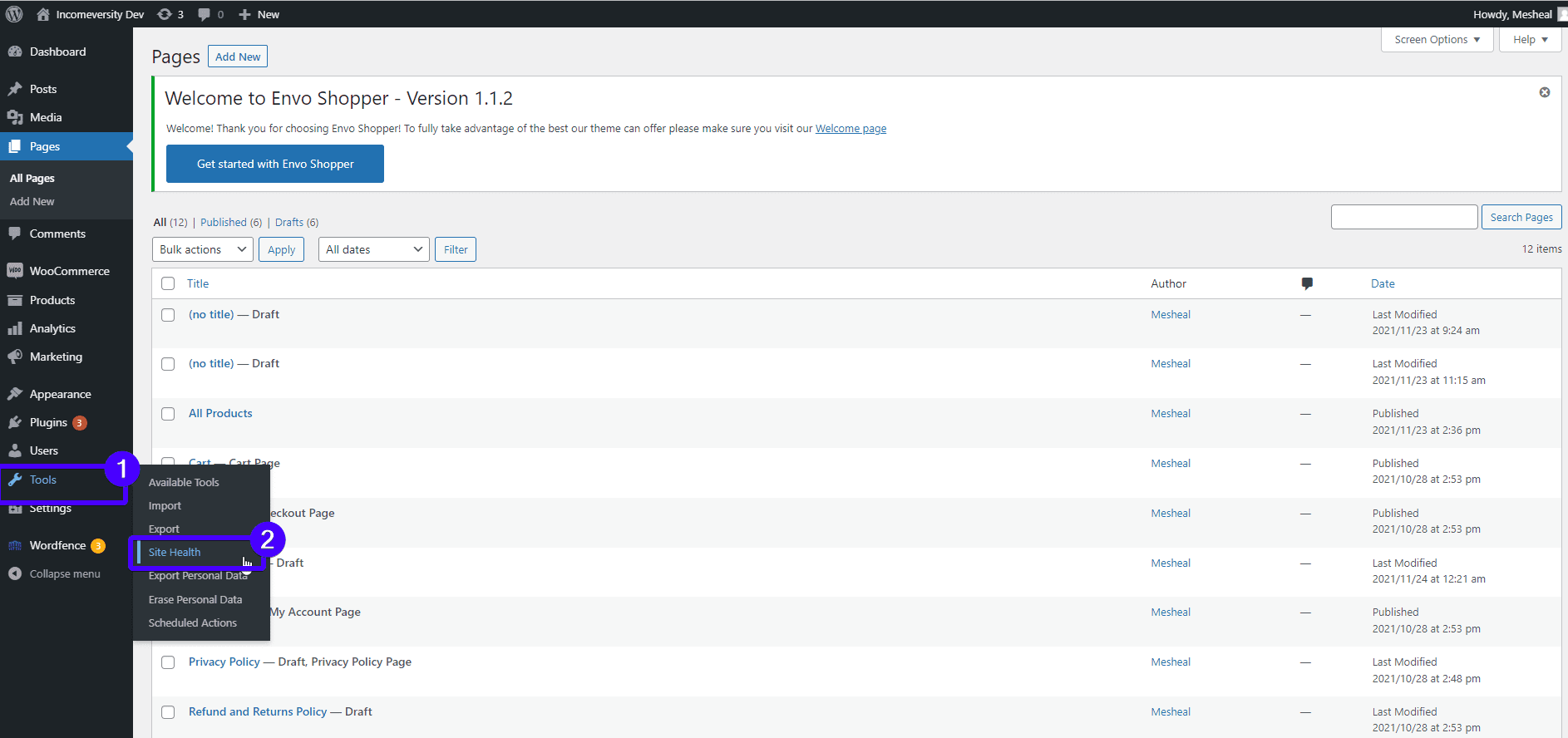 Site health wp dashboard - woocommerce shortcodes not working