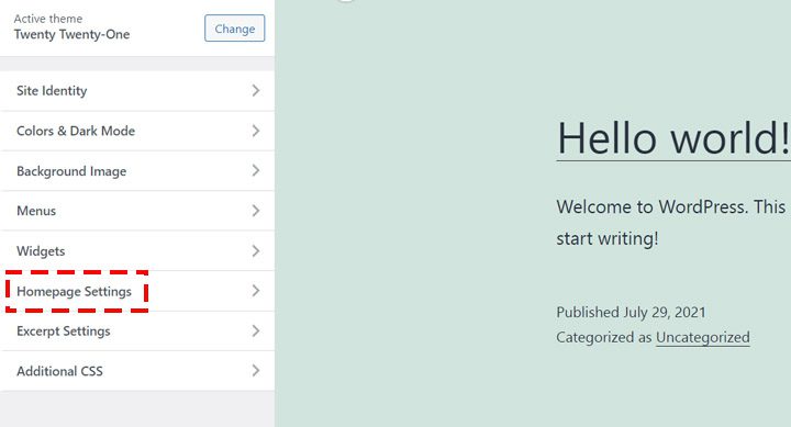 Homepage settings WordPress