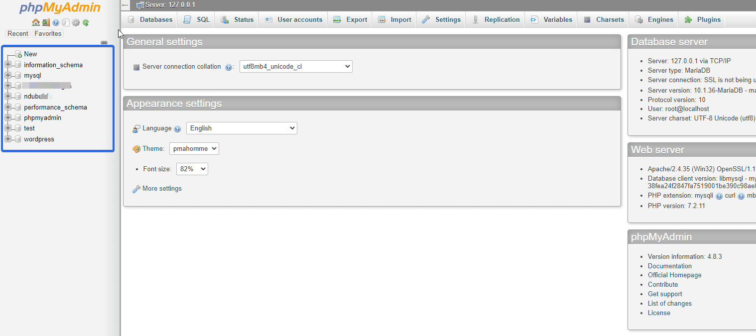 Select site's database in phpMyAdmin dashboard