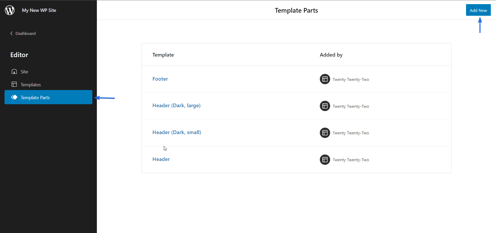 Template Parts menu