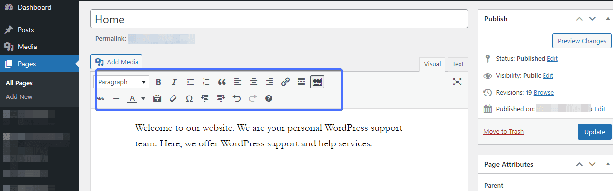 classic editor tools - change homepage wordpress