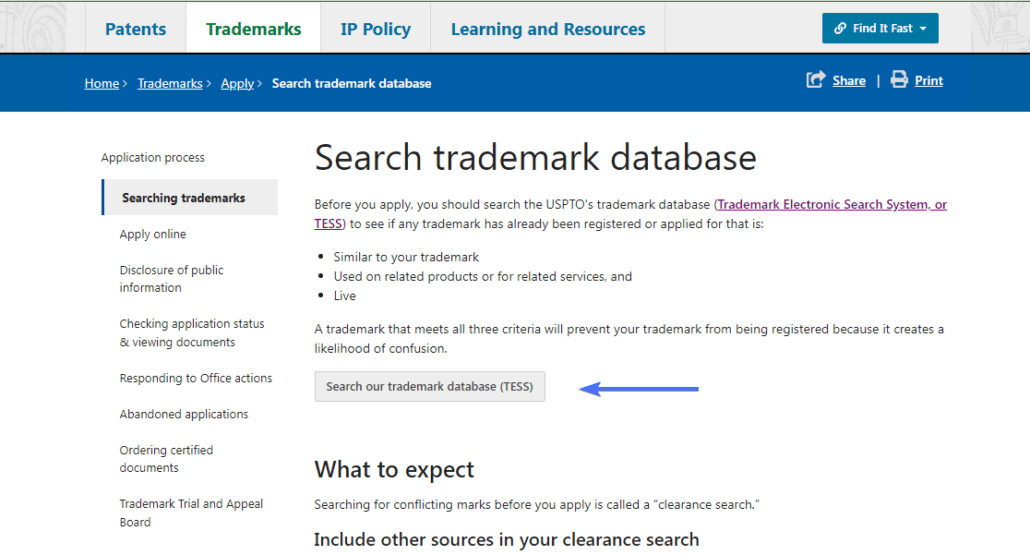 Click the Search our trademark database (TESS) button