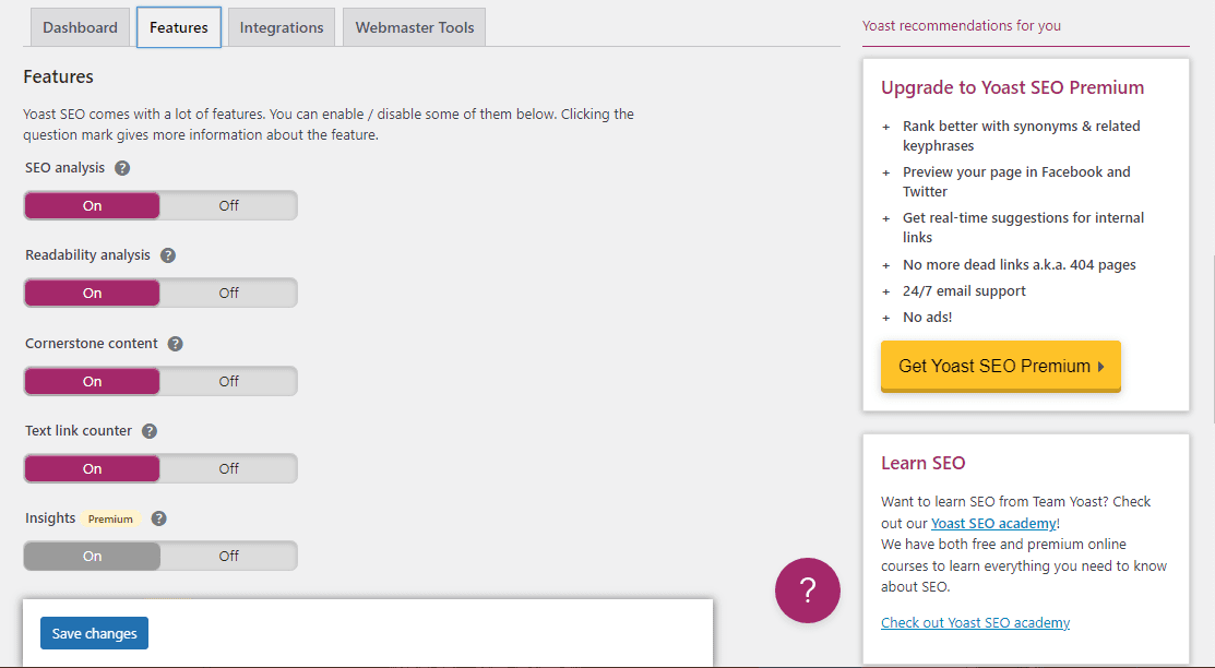 Yoast 'Features' Interface