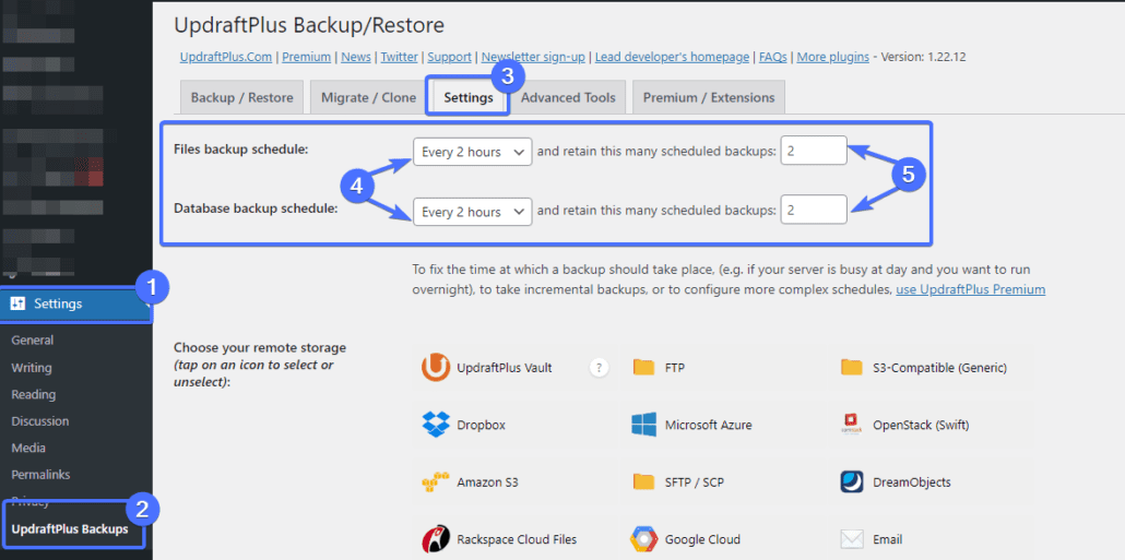 UpDraftPlus Backups setting's page