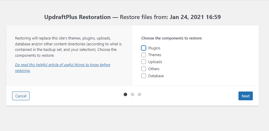 Select elements to be restored