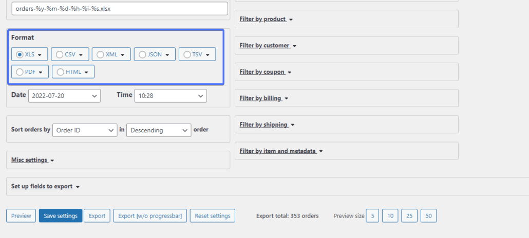 Select File Format for woocommerce export orders