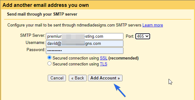 Configure the SMTP server for gmail domain name