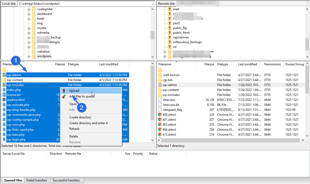 Select and Upload files and folders excluding wp-content