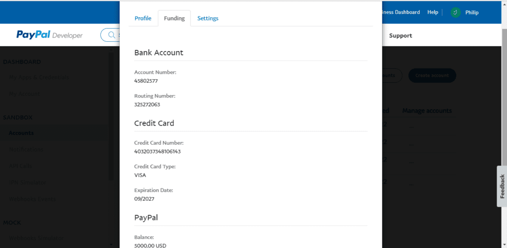 See credit card details in Funding tab