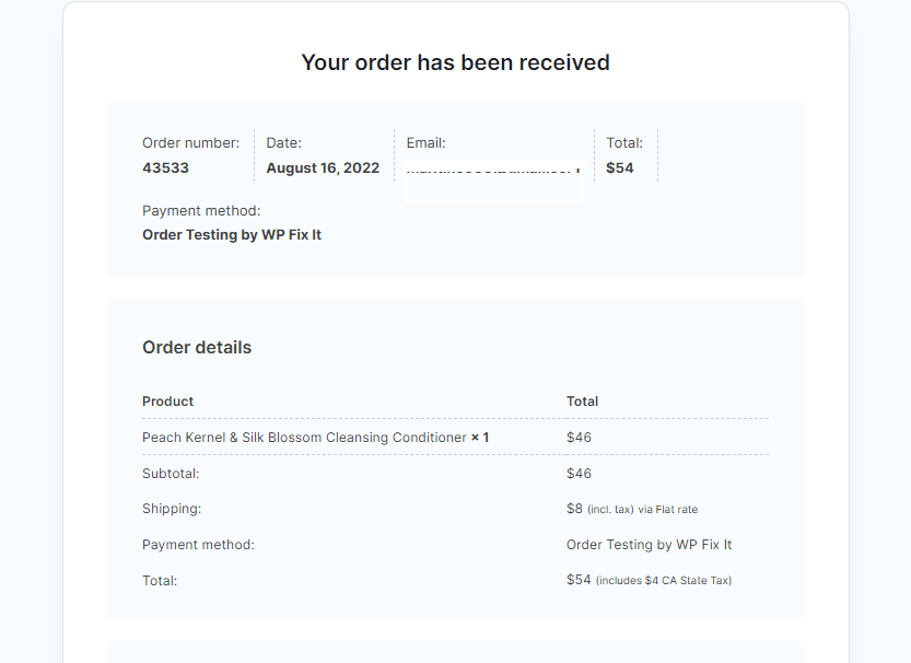 Successful woocommerce test mode order