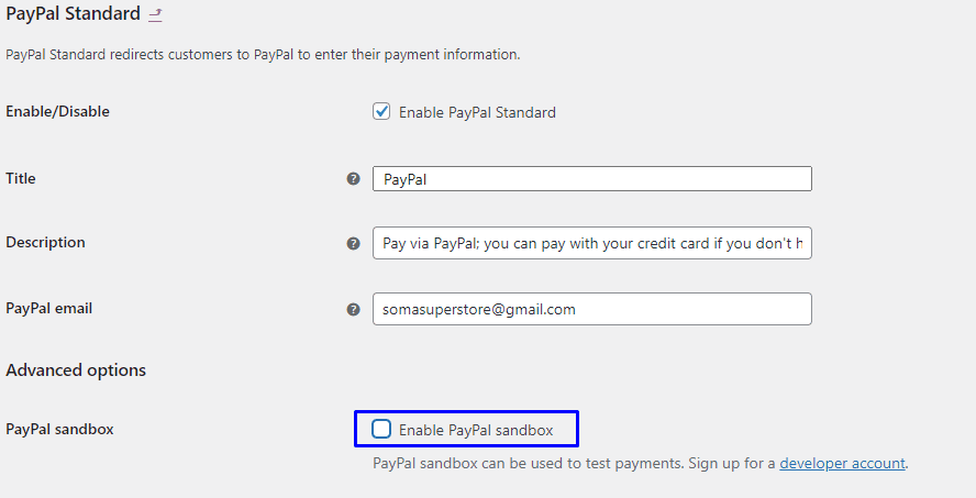 Uncheck the Enable PayPal sandbox