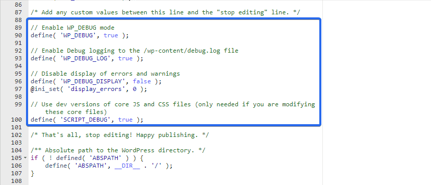 other wordpress debug mode constants