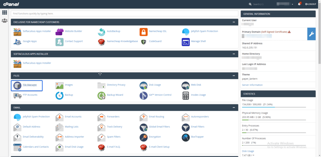 File Manager's section in cPanel