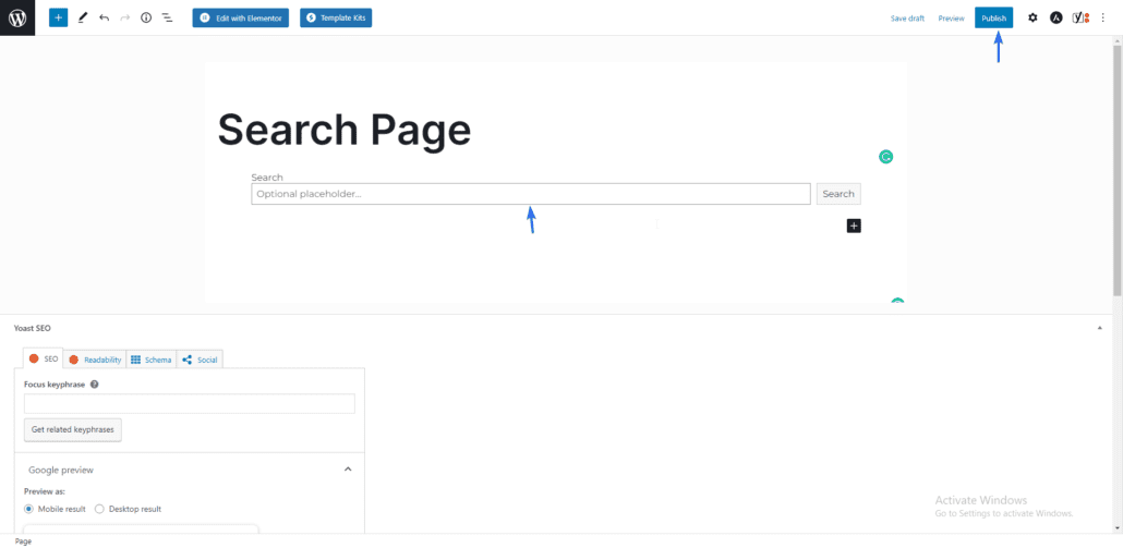 publish wordpress search results page
